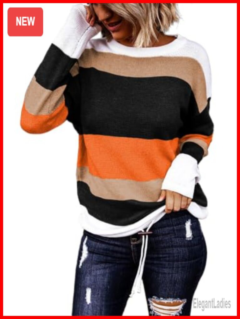 Womens Striped Knit Sweater Pullover Drawstring Hem Crewneck